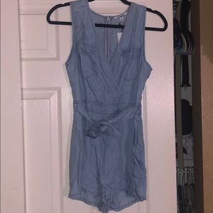 denim romper with tie belt NWT